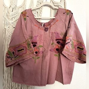 Magnolia Pearl Linen Pink Embroidered Bird Blouse One Size Gently Worn 2/3 times